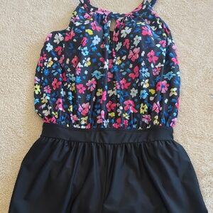 BloomChic Black Floral Halter Romper with Pink Blue Yellow Flowers